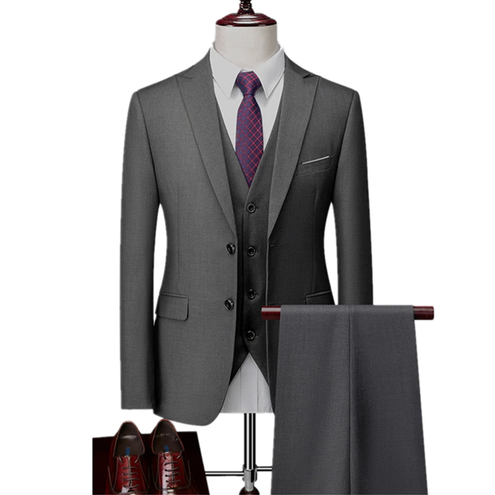 

Men Slim Fit Suit 3 Piece Set Jacket Vest Pants / Business Stretch Fabric Double Slit Dress Blazers Coat Trousers Waistcoat