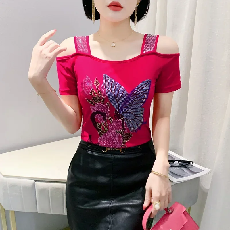 Black Red T-shirt Summer Women Clothes Luxury High-end Design Diamond Trend Skinny Tops Off Shoulder Short Sleeves Tees Elastic