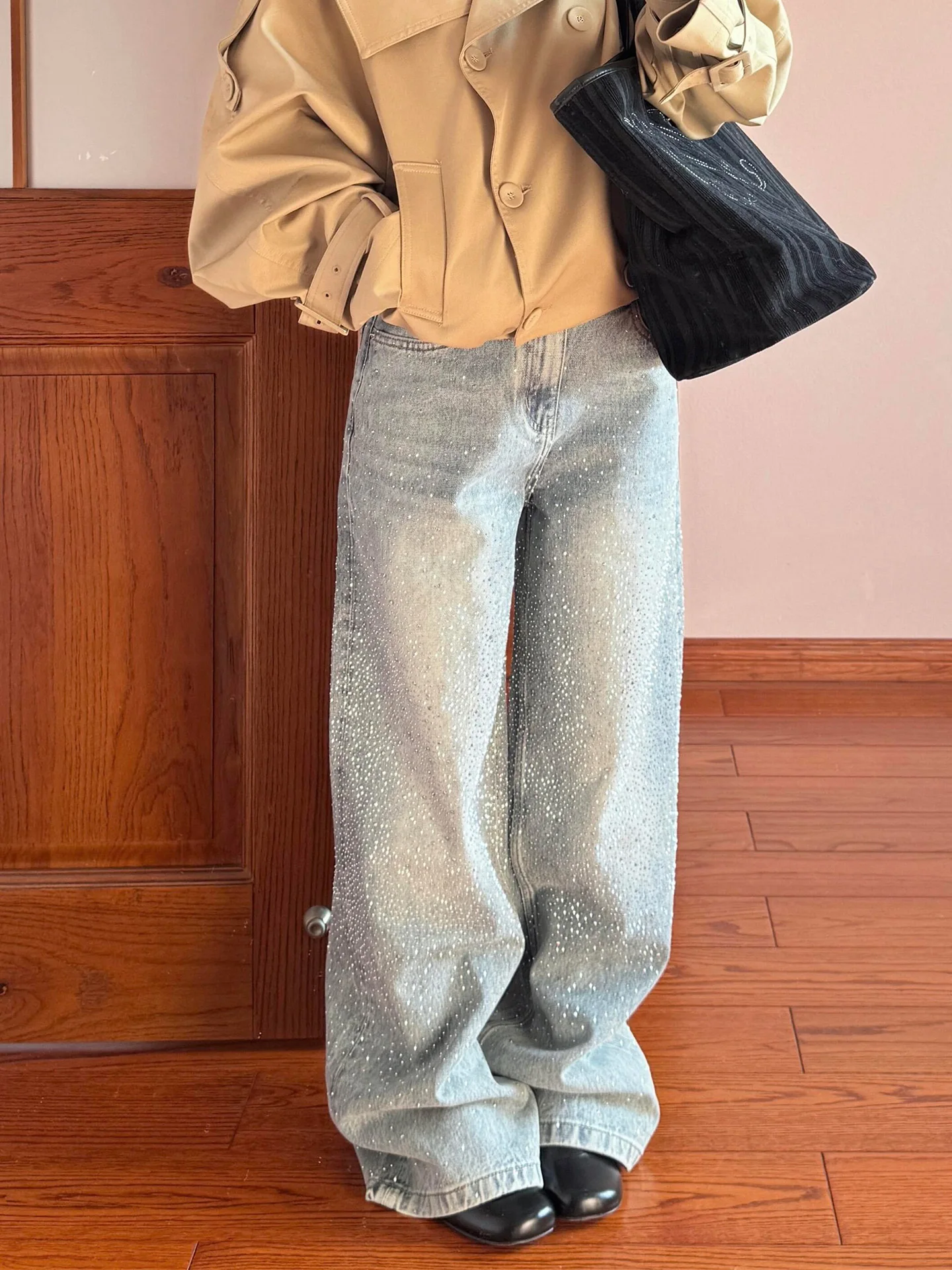 

Блестящие джинсы с пайетками, синие, с высокой талией, широкими штанинами, винтажные, в пол, прямого кроя, женские брюки, весна-лето, новинка