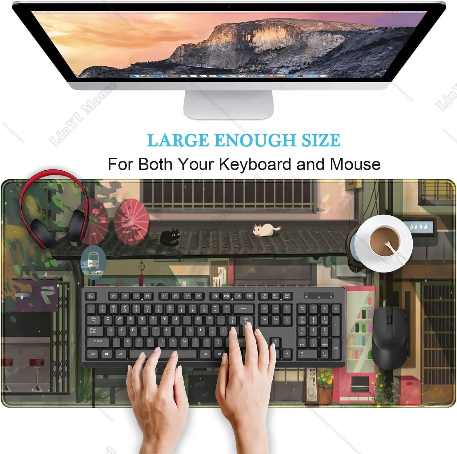 Cat Cafe Cute Anime Mouse Pad Kawaii Large Gaming Mousepad XXL 31.5x11.8 in Japanese Street Keyboard Pad Desktop Decor for Women