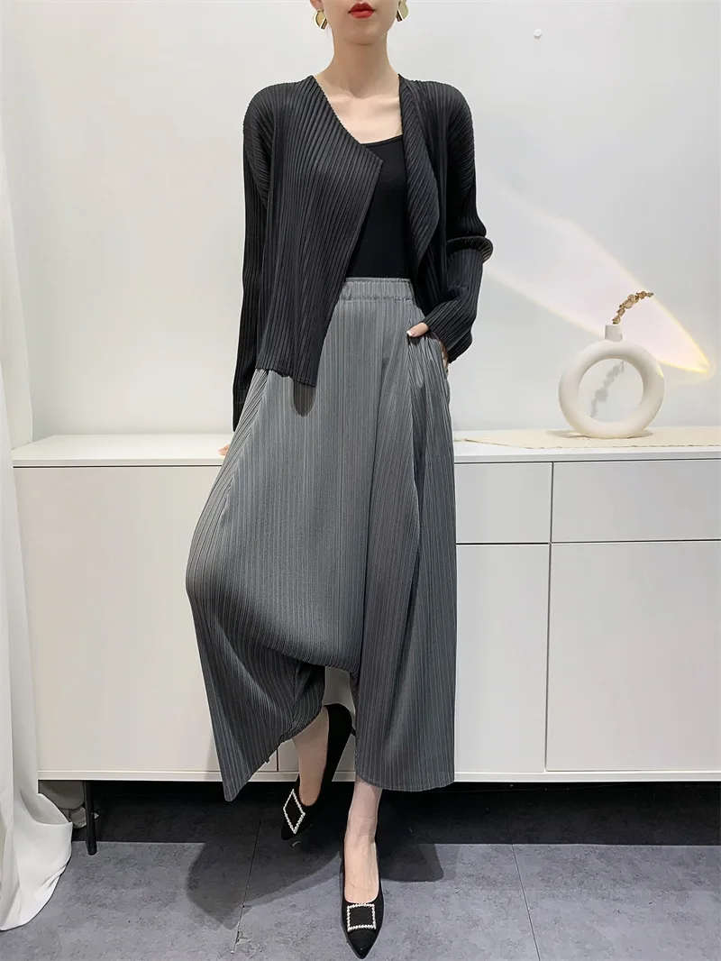 Pleated Wide Leg Pants Loose Women High Waist Solid Color Spliced Pockets Trousers All-Match Pleated Pants Streetwear Women