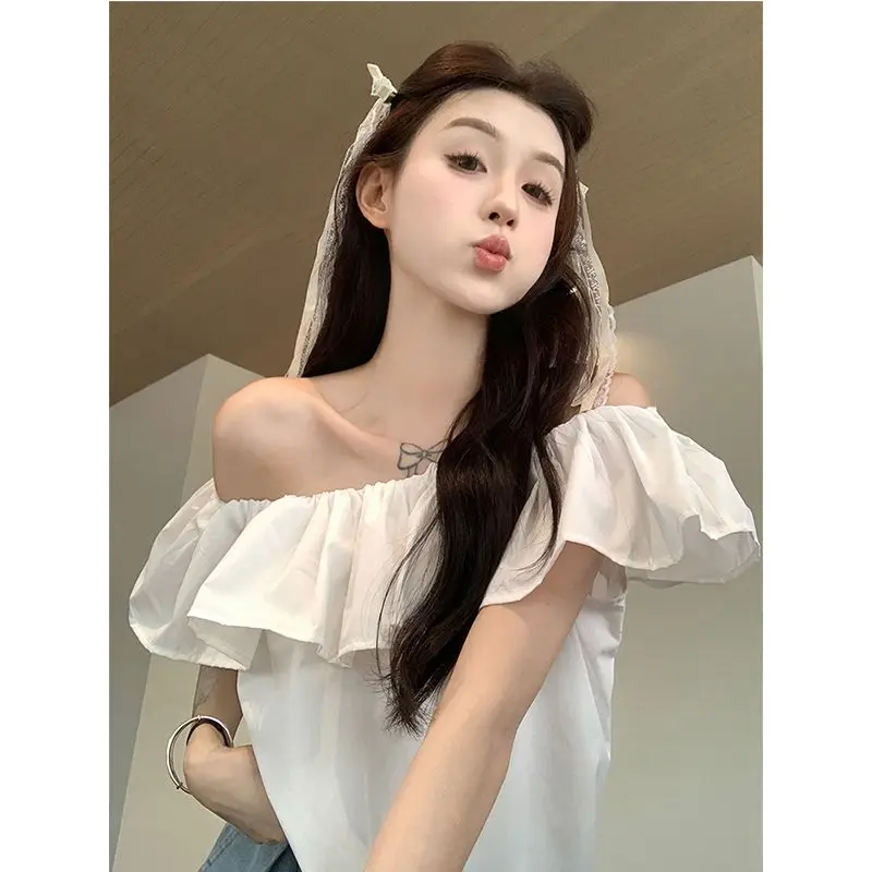 Summer Straight Neck Off Shoulder Shirt Elegant Fashion Lace-up New Sweet Short Sleeve Tops Comfortable Leisure Women Clothing