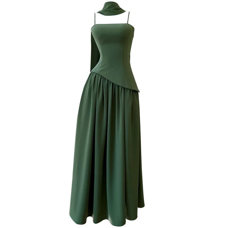 เดรสสายเดี่ยวทรงสลิปหรูหราสำหรับผู้หญิง BEWQ ดีไซน์เก๋ไก๋ จับจีบไม่สมมาตร เอวสูง แขนกุด เหมาะสำหรับงานปาร์ตี้ยามเย็น คอลเลคชั่นใหม่ฤดูใบไม้ร่วง 2025