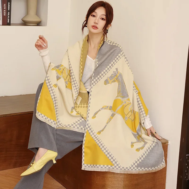 Horse Print Cashmere Scarf Women Warm Shawls and Wraps Thick Winter Soft Muffler Pashmina Design Bufanda Echarpe Femme