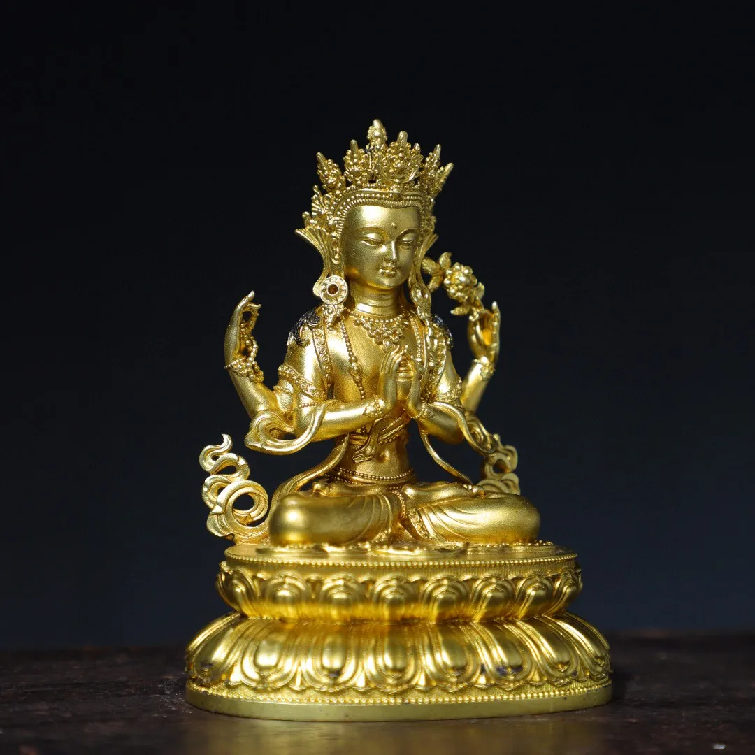 Tibetan Pure Copper Gilded Four Armed Guanyin Bodhisattva and Tara Buddha Home Buddha Hall Decoration Small Size Items 10cm