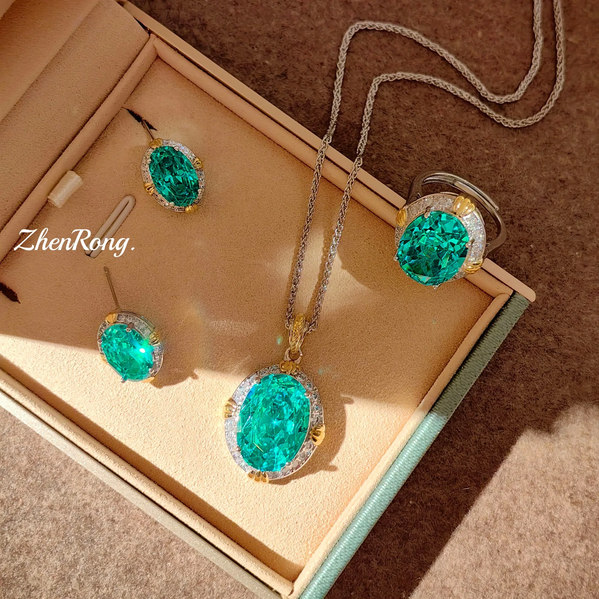 Premium S925 Sterling Silver Jewelry Set Including Ring Earrings And Necklace With Rose Diamond Pendant Treasure For Girls