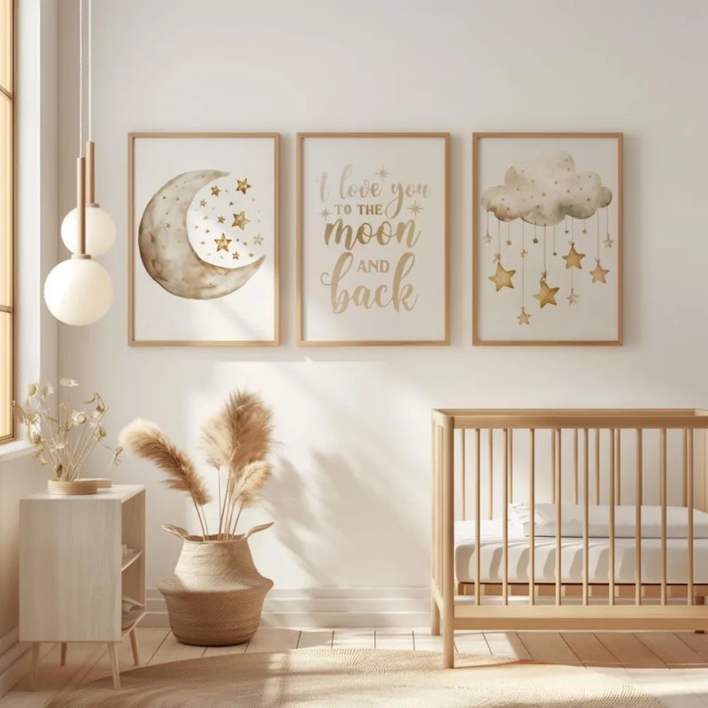Frameless Nursery Wall Art,Moon and Clouds,Love You To The Moon and Back,Printable Artwork,Simple Decoration,Digital Download
