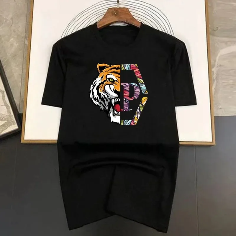 

100% Cotton Luxury Brand Tiger Printing T-shirt Black Summer Short Sleeve Tee Men's/Women's Fashion Top Tshirt Streetwear 2024