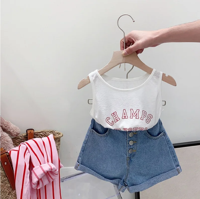 3PCS Set Children Girl Clothes 2-7Years Kids Long Sleeve Striped Shirt+Letter Print Vest Top+High Waist Denim Short Outfits Suit