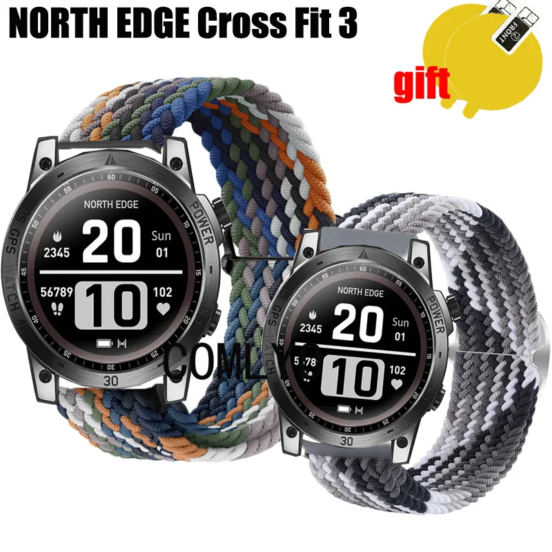 3in1 For NORTH EDGE Cross Fit 3 Smart Watch Strap Women men Band Nylon Belt Adjustable Soft Wristband Screen protector film