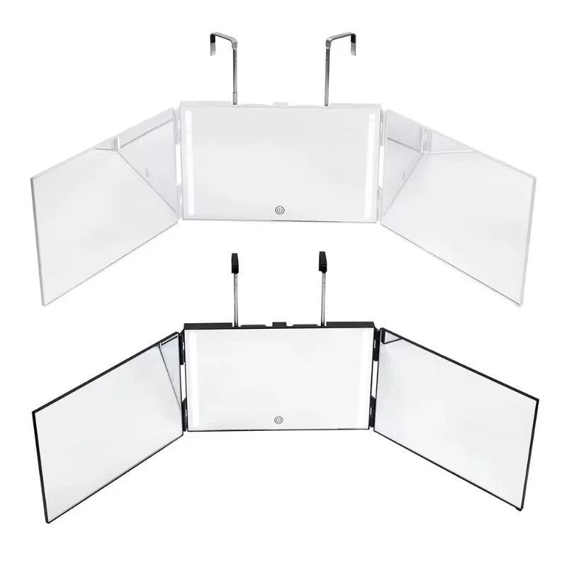 Portable 360 self-cutting mirror 3-way mirror hair trifold makeup mirror with height-adjustable retractable hook