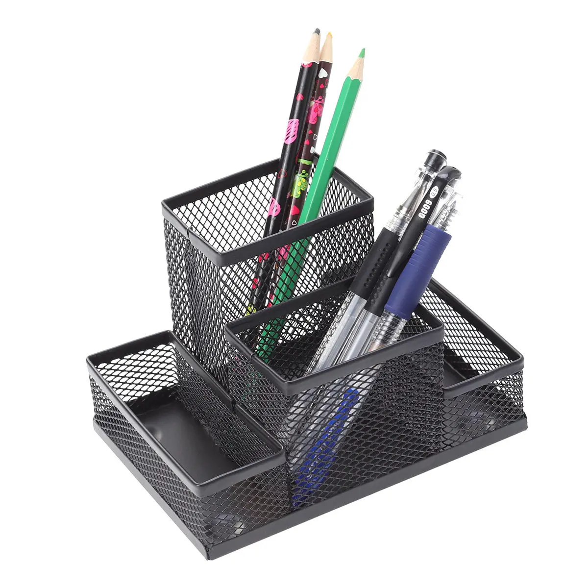 Sturdy Metal Mesh Pen Organizer 4-Space Desk Container for Writing Instruments Cards Sundries Stationery Storage Home Office