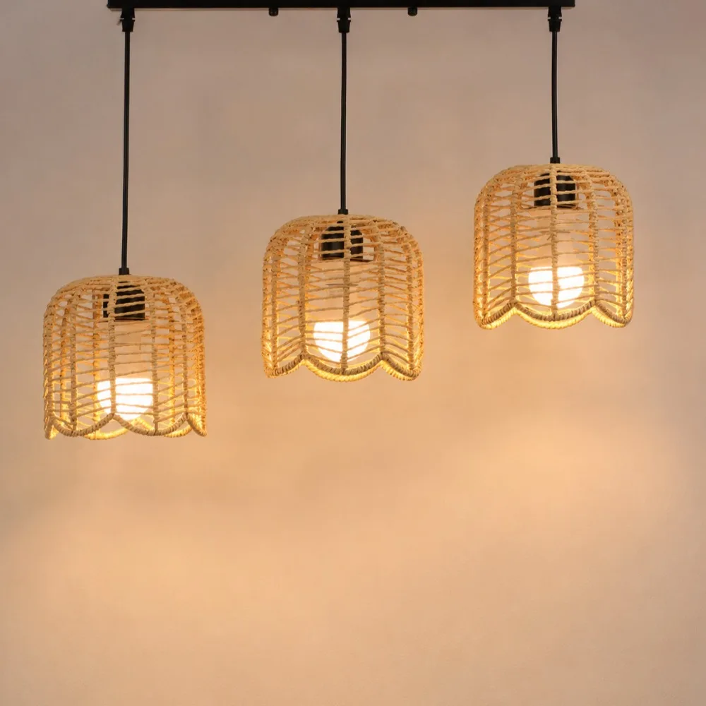 JOYINLED Natural Woven Wicker Pendant Light Boho Chandelier 3-Lights Rustic Farmhouse Rattan Light Fixture for Dining Room