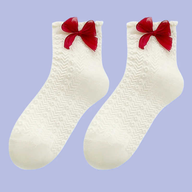 2/4 Pairs Women's White Lace Casual Socks Bow Large Lace Mid-tube Socks Comfortable Breathable Casual Socks