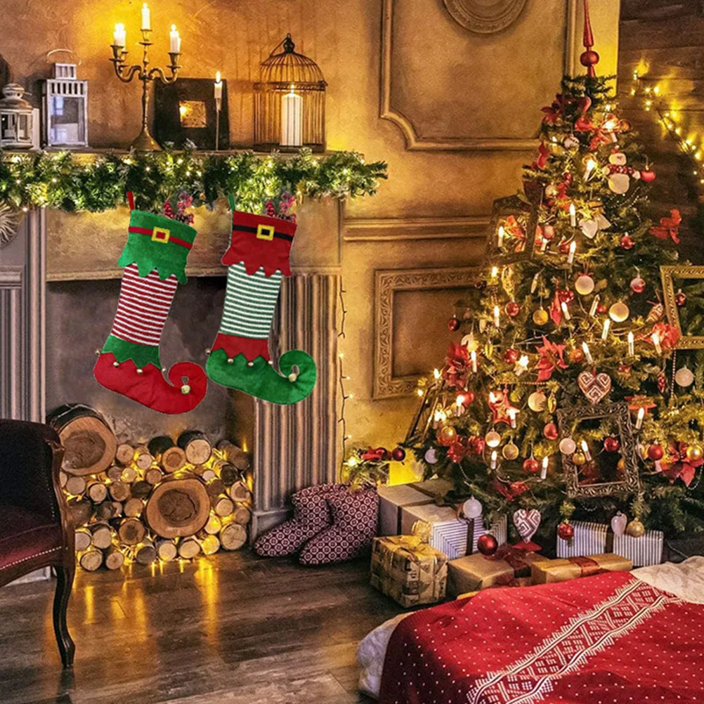 

2 Pcs Green Christmas Socks Stocking Treat Bags Gift Hanging Decor Polyester Man