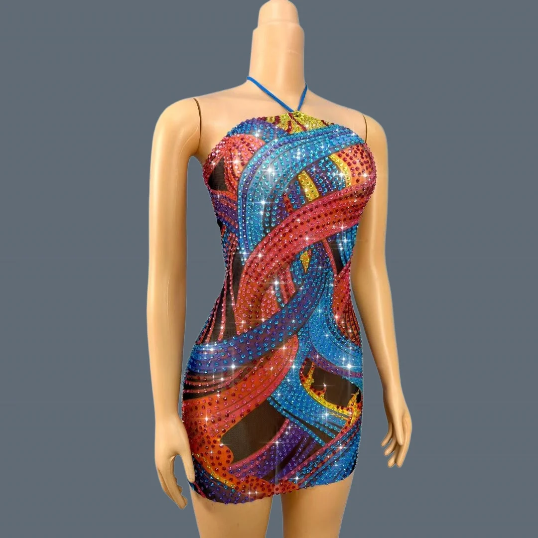 Colorful Swirl Rhinestone Halter Mesh Mini Dress Multicolor Crystal Twisted Pattern Bodycon Stage Party Outfit Caiqi