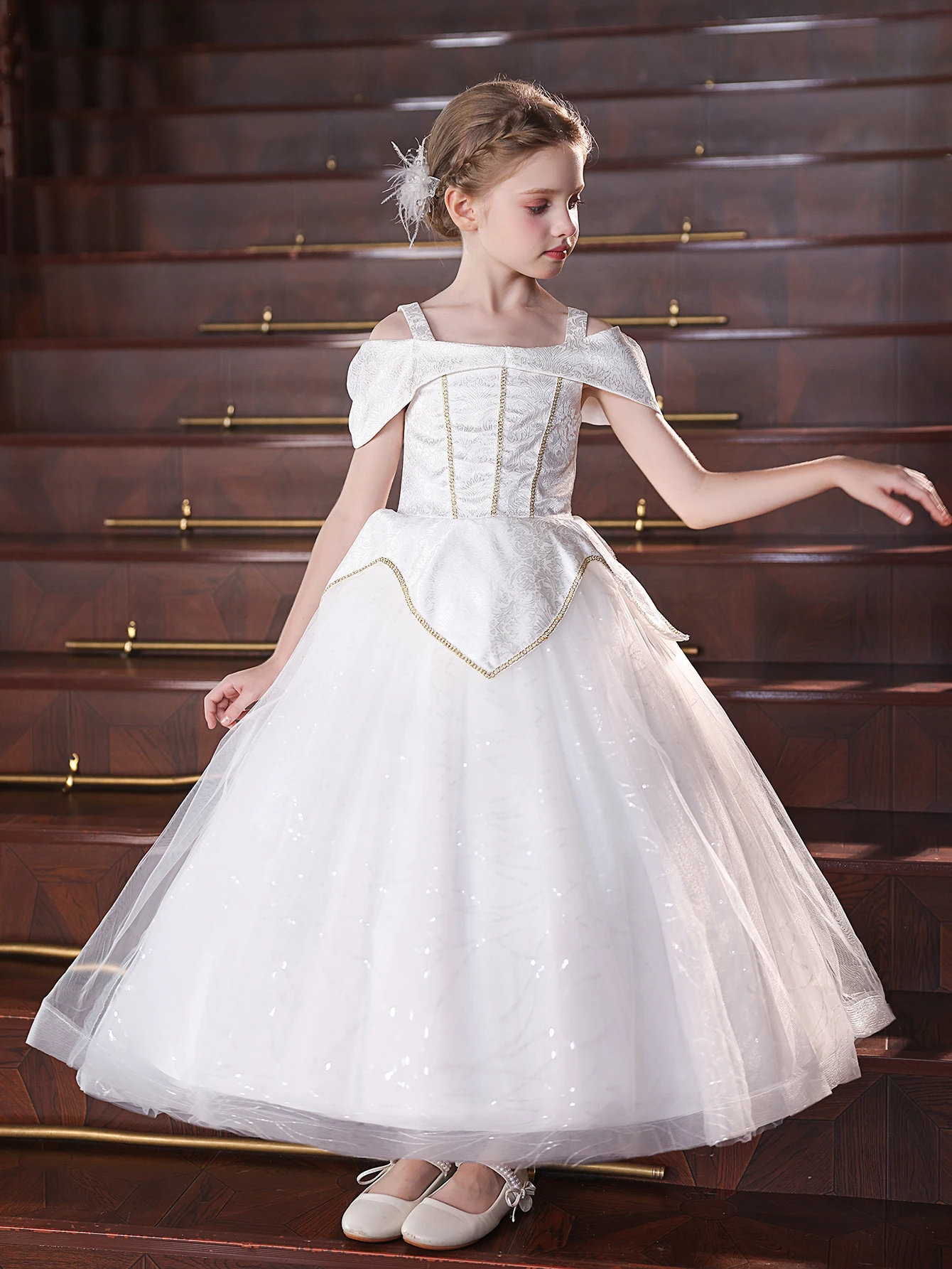

White Strapless Off-Shoulder Long Party Dress For Girls Suitable For Parties Birthdays Performances Weddings Flower Girls