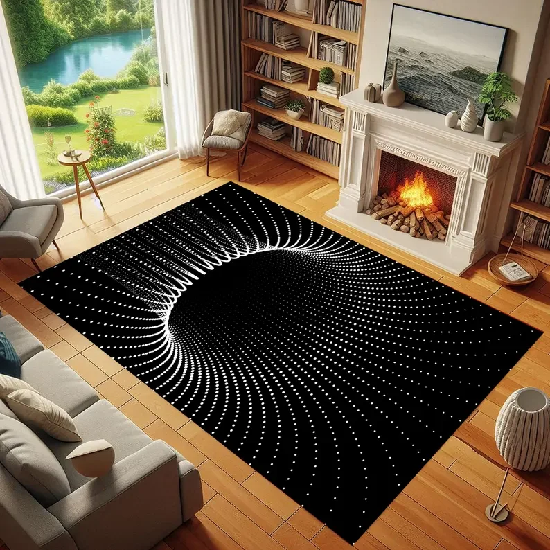 NEW Black 3D Vortex Rug Optical Illusion Holographic Floor Art Living Room Bedroom Home Decoration Carpet