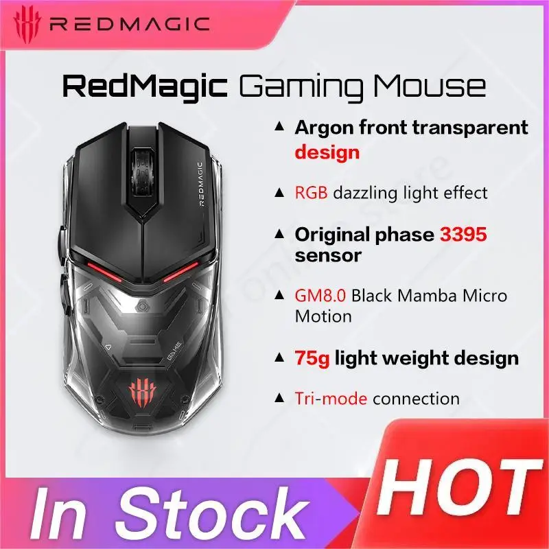 Original Redmagic Gaming Wireless Mouse Transparent Design 3 Mode 1000Hz GM8.0 RGB Light for PC Laptop Computer Mouse