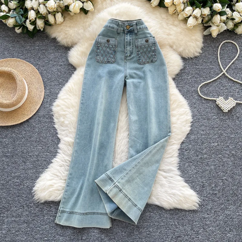 ANJY خريف جديد إمرأة الأمريكية الرجعية الجينز الثقيلة الحرفية جيب التطريز شارع العليا العصرية عادية التخسيس السراويل المستقيمة A8827