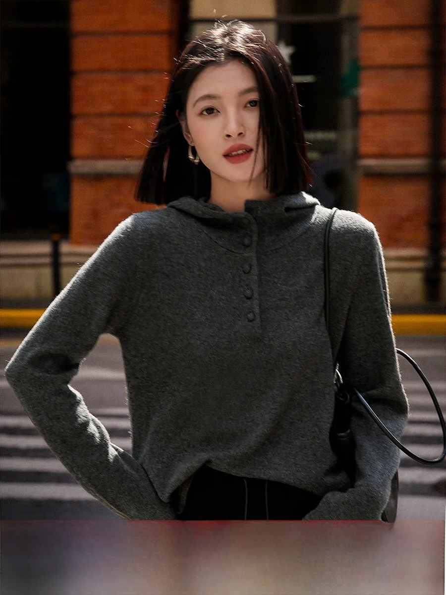 

Casual Knitted Woolen Sweater with Hat f Buttoned Soft Straight Cut Long Sve Women's Warm Faion Autumn Seasonal Wear