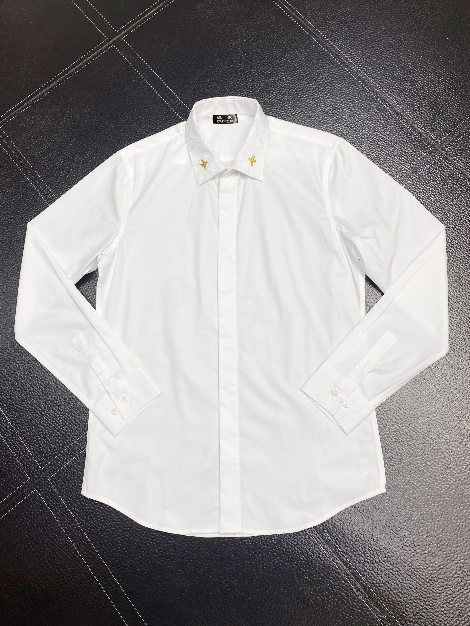 

Men's Shirt Slim Fit Flex Collar Stretch With Embroidery Bee Men Dress Shirts Button-Down Work Cotton Tops Brand Clothing 223