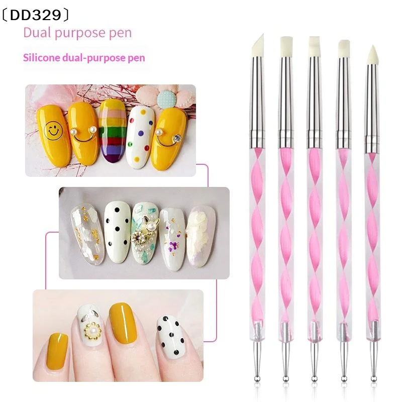 5Pcs Marbleizing Painting Pens 2 Way Nail Art Acrylic Silicone Point Flower Nail Pen Stainless Steel Dotting Tools〔DD329〕