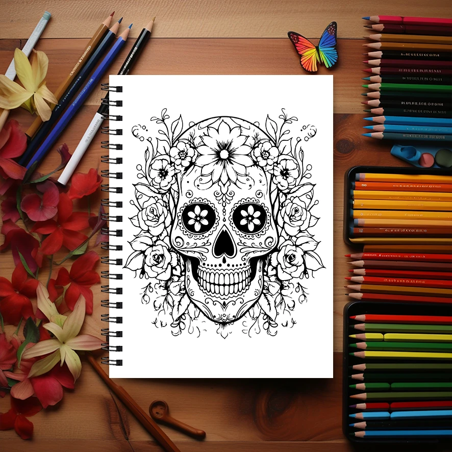 Skull Adult Coloring Book - 8.3x 11.2 Inch 22 Page Coloring Book - Helps Reduce Stress and Ease Emotions