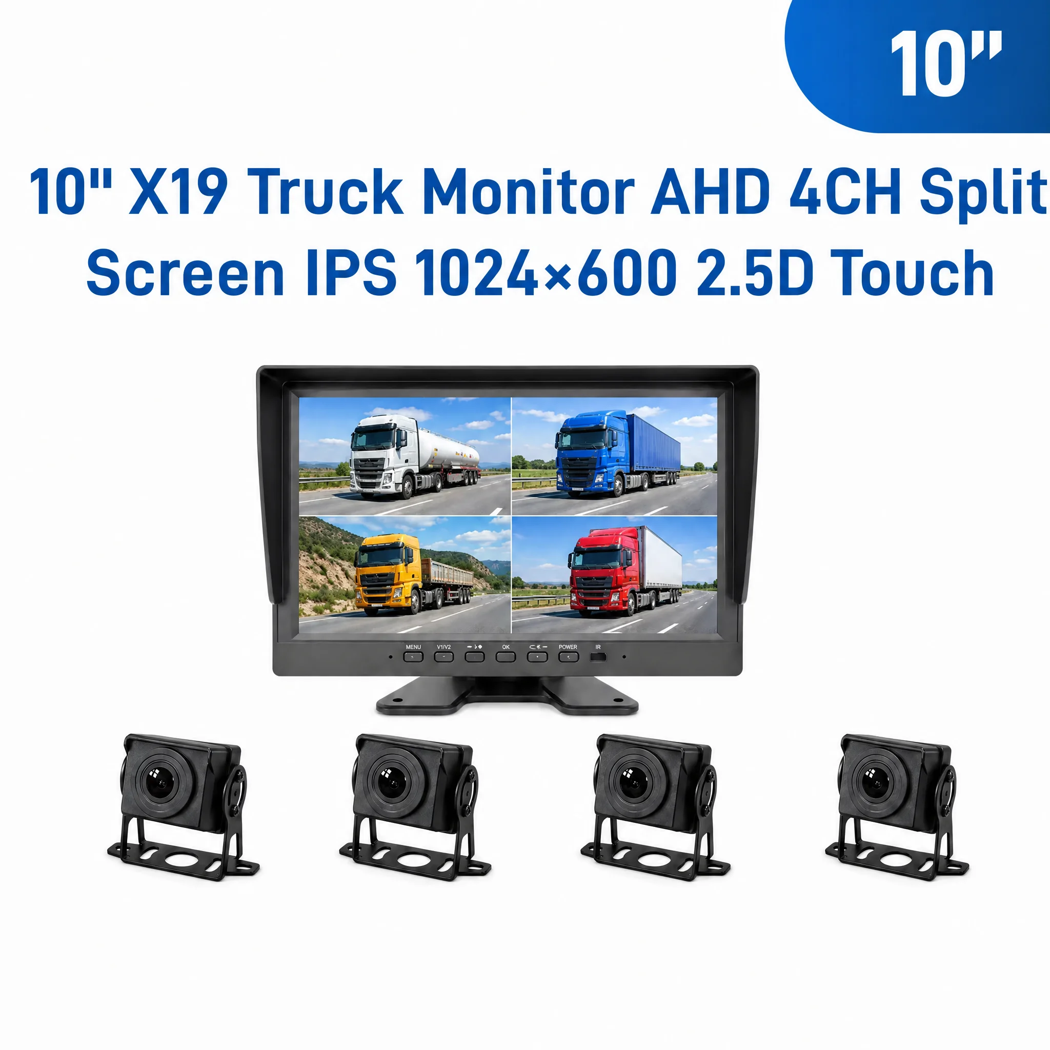 10 Inch X19 Truck Monitor IPS 1024*600 AHD 4CH Split Screen Voice Control MP5 2.5D Touch Screen With Camera & Wiring Kit