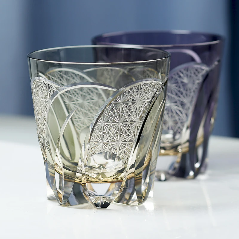 320ml Luxury Japanese Style Edo Kiriko Colored Whisky Tumbler Purple Grey Hand Cut Moonbow Chrysanthemum Mesh Design
