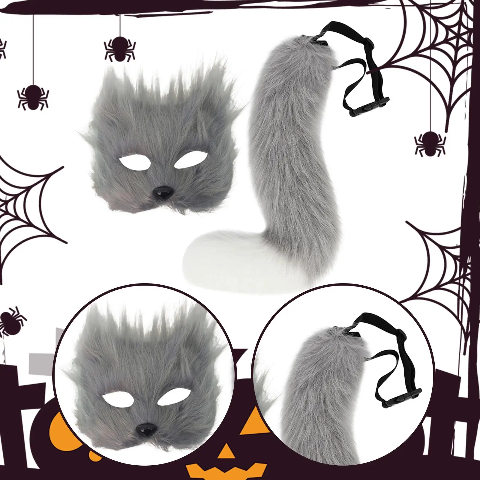 Maska i ogon z futra, śmieszne rekwizyty fotograficzne, maska na Halloween na imprezy i występy sceniczne.