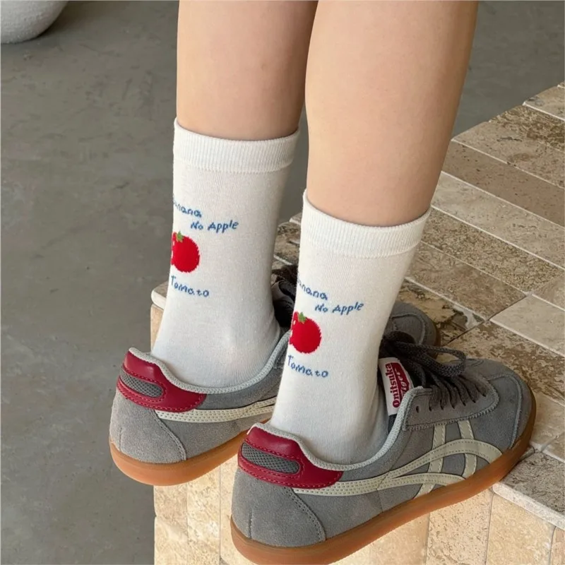 Women's Autumn Winter Socks Mid Tube Tomato College Wind Thin Fashionable Socks Cartoon Solid Color Simple Funny Sock Wholesale