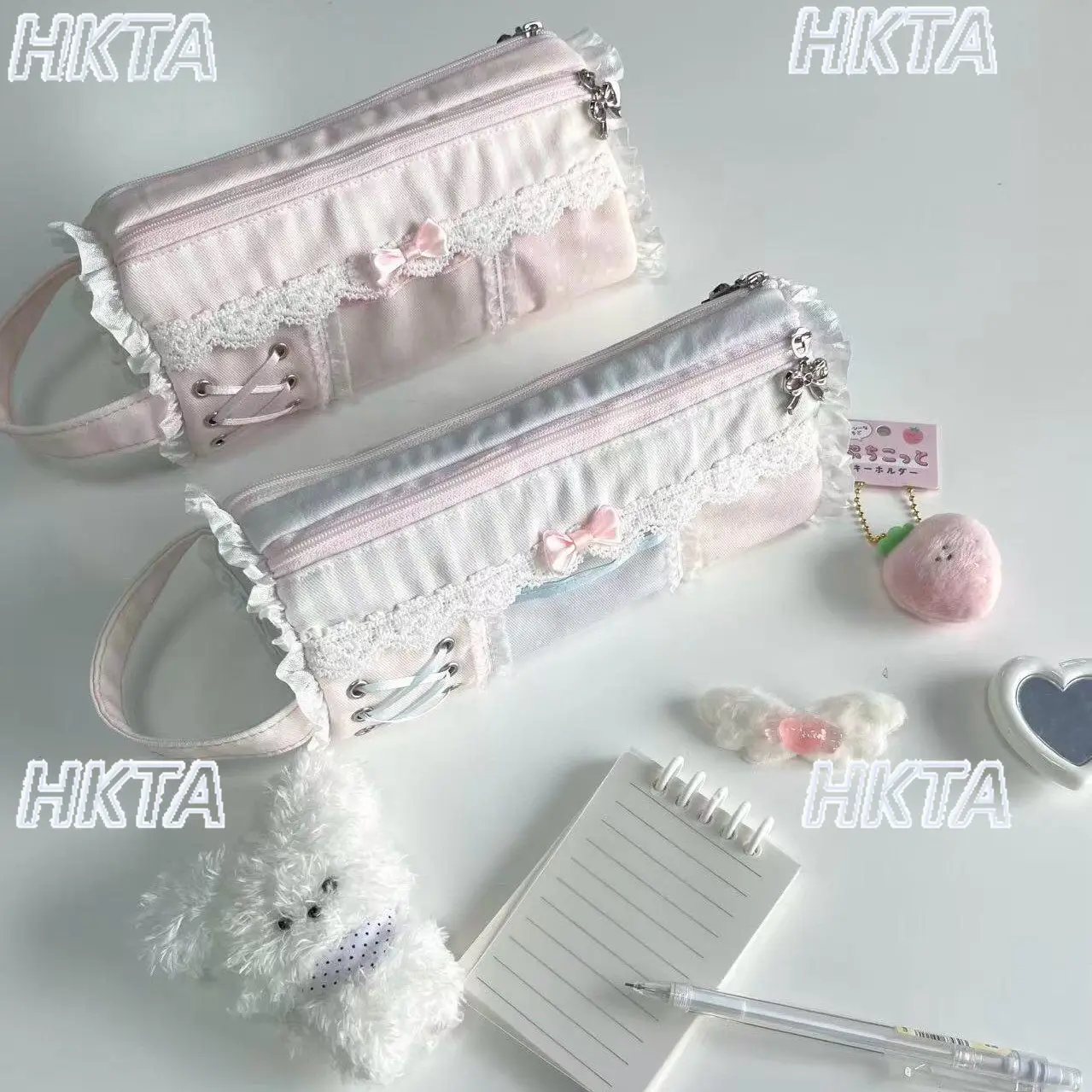 Japanese Lolita Pencil Case Bow Strap Polka Dot Lace Student Big Capacity Zipper Stationery Storage Bag Kawaii Pencil Case Women