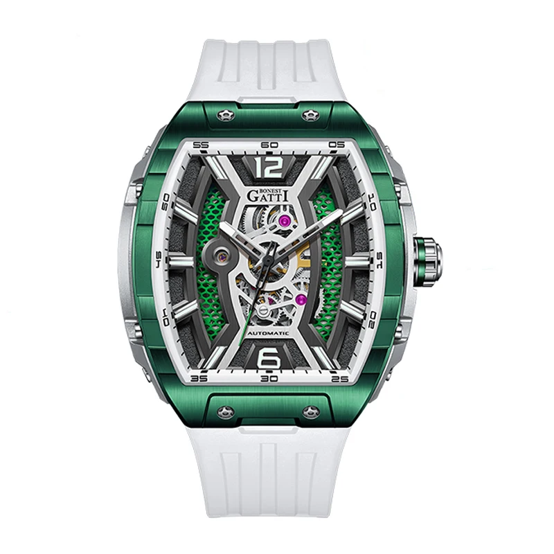 BONEST GATTI ساعة أوتوماتيكية للرجال 46 مللي متر * 51 مللي متر Tonneau ساعة اليد الميكانيكية الجوف خارج الهاتفي الياقوت مضيئة حزام مطاط الفلور