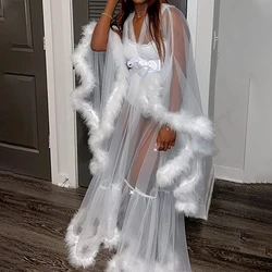 Women Flare Sleeves Feather Robe Fur White Bridal Nightgown Tulle Sheer Sleepwear Long Wedding Scarf Dressing Gown Photoshoot