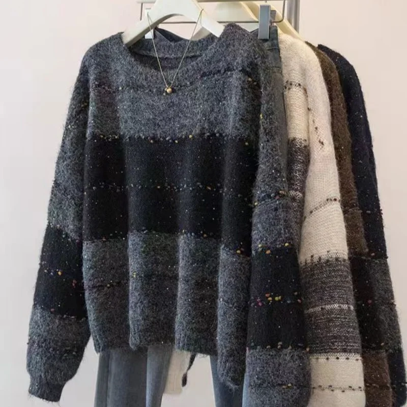 الخريف والشتاء جديد الصوف جولة الرقبة سترة فضفاضة التباين سميكة متماسكة قاع قميص