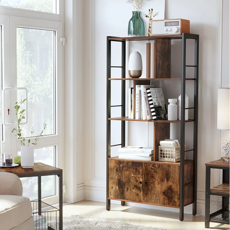 #@4-Layer Wooden Display Storage Rack for Living Room Multi-Level Metal Display Shelf Standing Type Installation