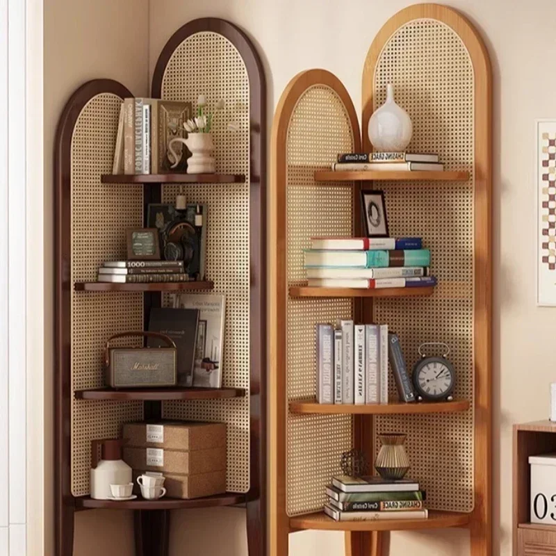 Chinese Retro Rattan Corner Decoration Shelf, Living Room Sofa Wall Edge Book Cabinet, Bedroom Solid Wood Triple Crutch Screen
