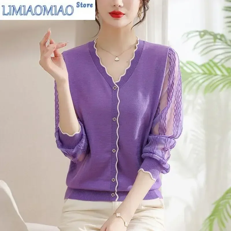 Lace Spliced sweater Women's Gauze Sleeve Top Hollow Fake Cardigan V-neck Thin