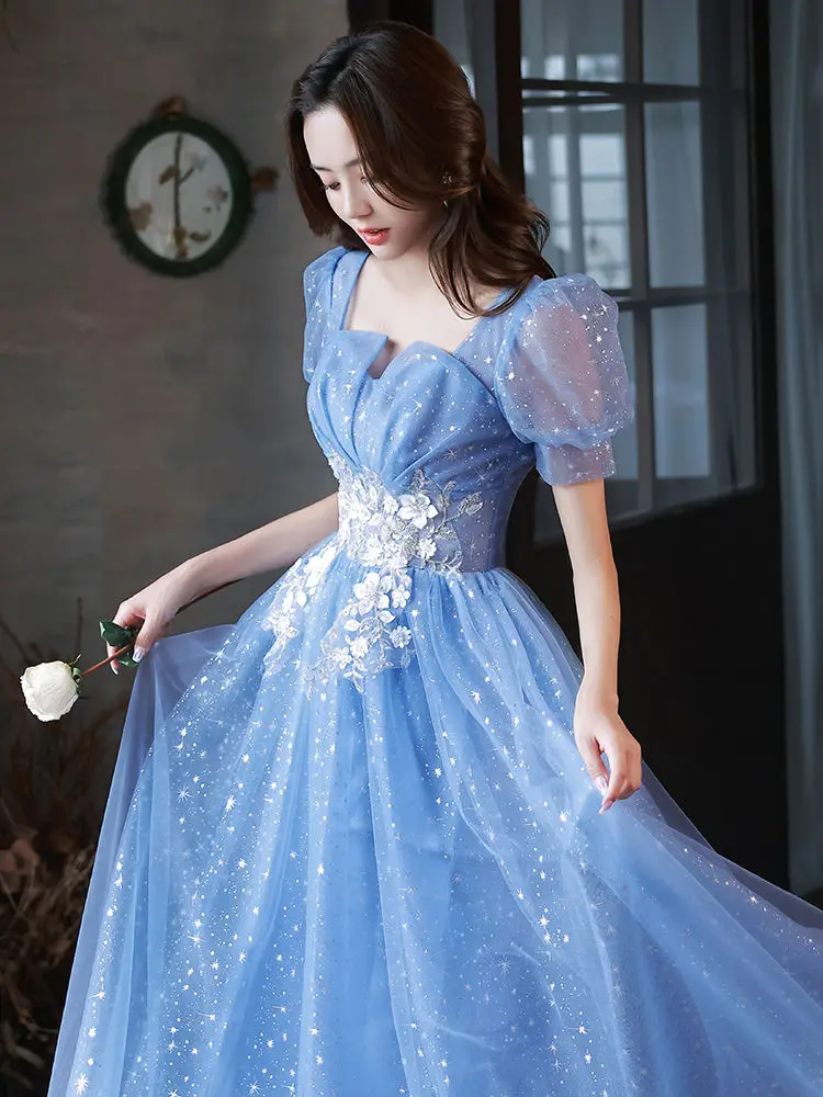 Blue Annual Party Dress Female Temperament Elegant Long Host Special Interest Light Luxury High-End Texture Art Exam Vocal Music