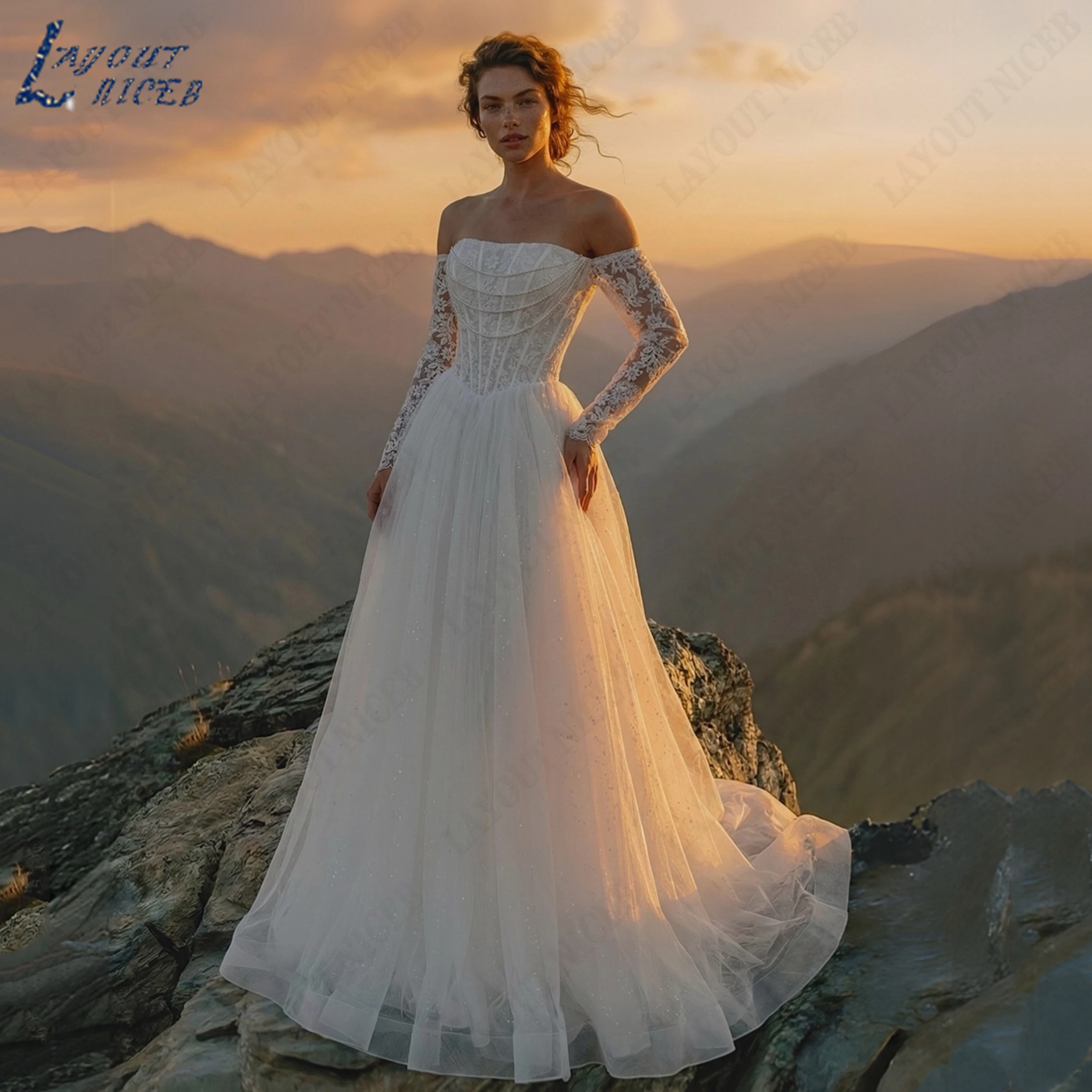 LAYOUT NICEB Customized Off Shoulder A-Line Wedding Gown Tulle Lace Up Back Bridal Dress Pearl Long Sleeve Dresses For Bride