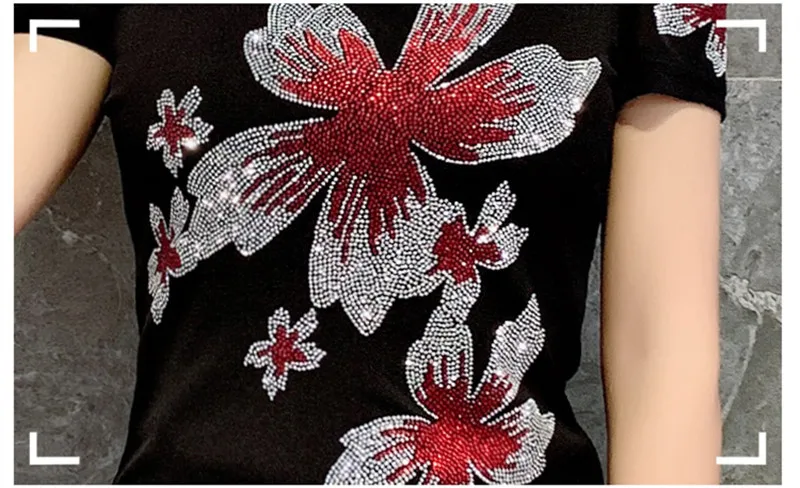 2024 Summer Fashion Korean T-shirt Clothes Sexy Flower Inlaid Diamonds Women Tops Ladies Short Sleeve Off Shoulder Mesh Tees