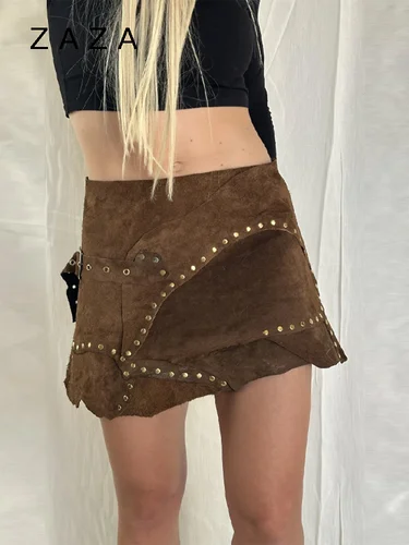 Falda corta de gamuza con dobladillo Irregular, minifaldas con correas envolventes y hebilla de Metal marrón Vintage, ropa Y2k para señora nueva de otoño e invierno 2025