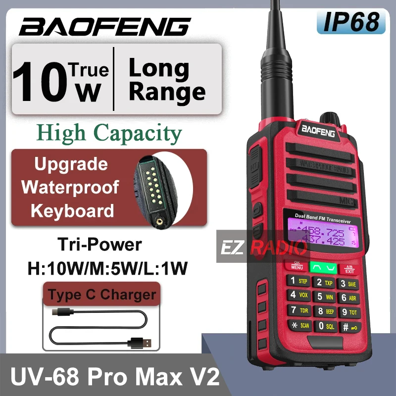

Baofeng UV68 Pro Max V2 IP67 Waterproof Walkie Talkie 10W Powerful Dual Band VHF/UHF TWO Way Radio Long Range Red Walkie Talkies