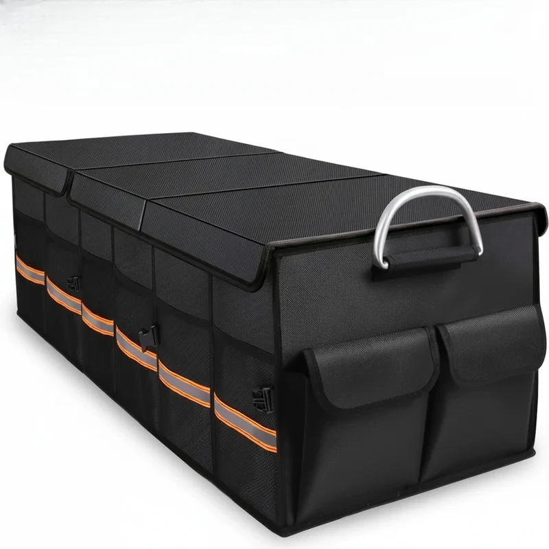 100L Foldable Car Trunk Organizer Heavy Duty Durable Collapsible Storage Box with Reflective Strip for Sedan SUV Truck Multi Fun