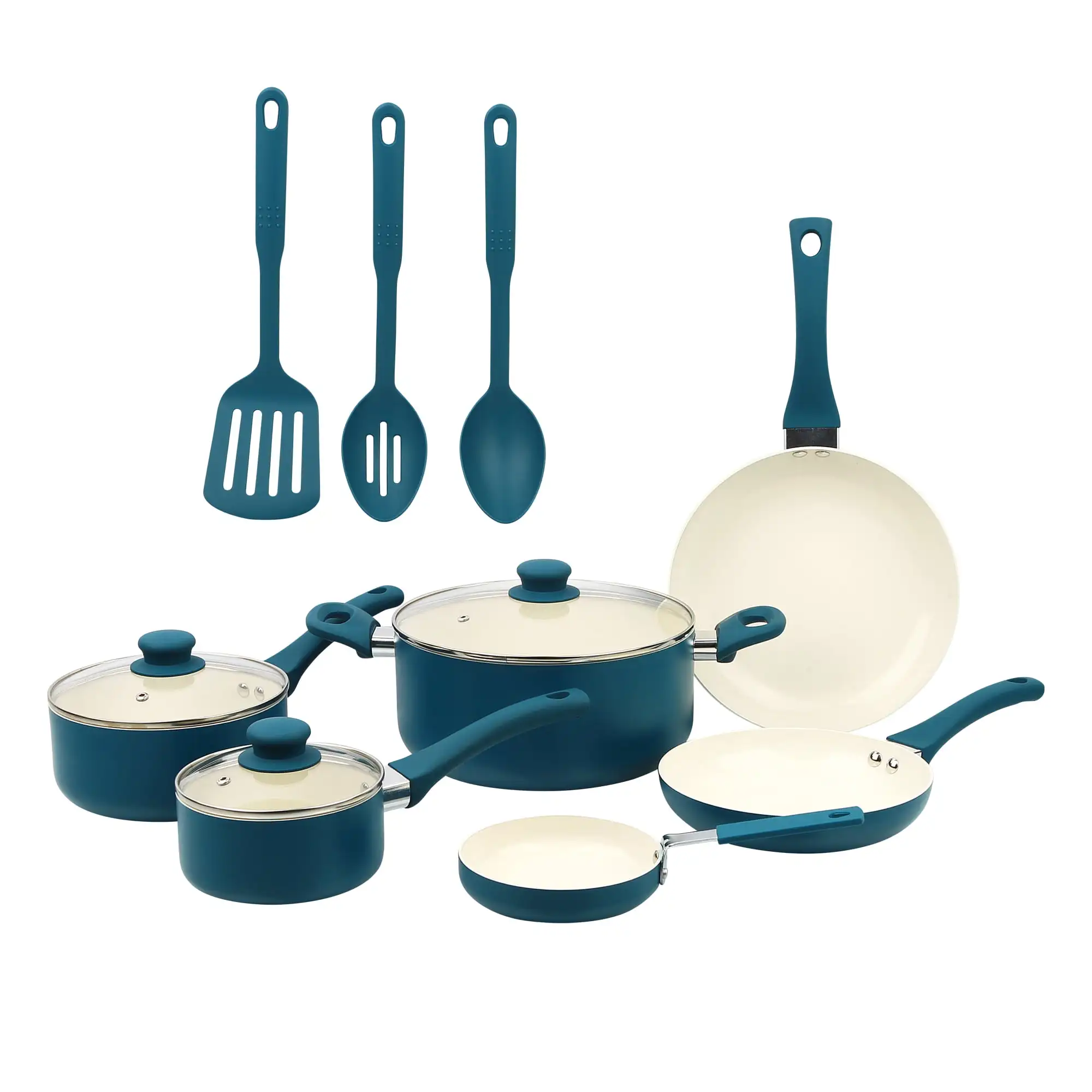 Ceramic Aluminum 12 Pieces Cookware Set Corsair Blue Nonstick Aluminum Body for Fast and Even Heating Riveted Handles