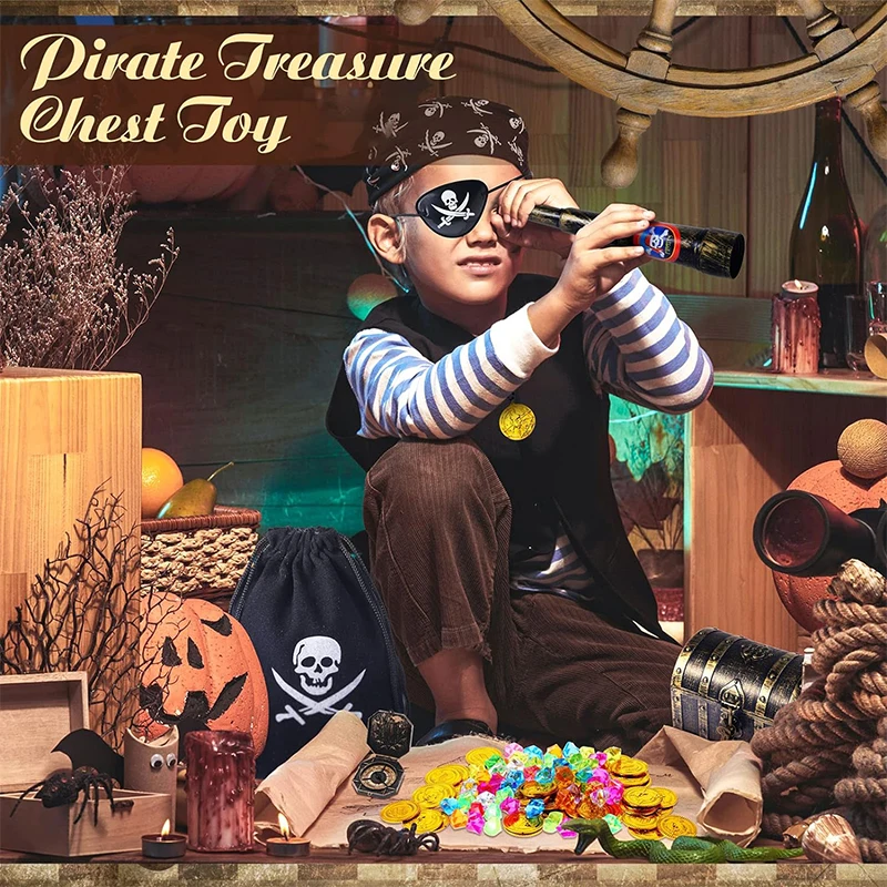 101 Pieces Pirate Treasure Chest Toy Box Gold Coins And Pirate Gems Jewelry Pirate Captain Cosplay Costume Props Halloween Decor