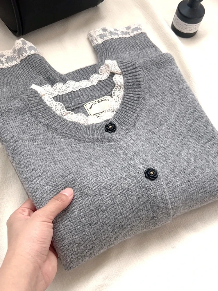 Faionable Gespleißt Spitze Trim Stricken Pullover frauen Herbst Neue Sle Abnehmen Strickjacke Top Casual Sle V-Ne Lange Sve