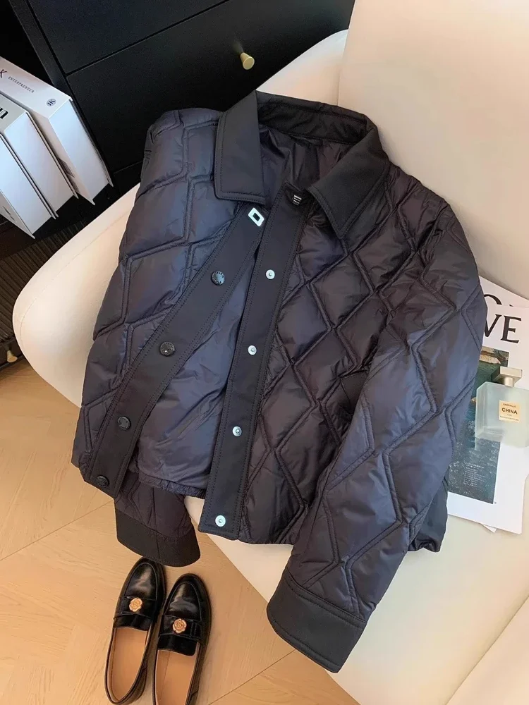 

Black Rhombus Plaid，Flip Collar，Quilted Jacket，winter Jackets Woman，short Light and Thin Cotton Coat，2024 New in Outerwears