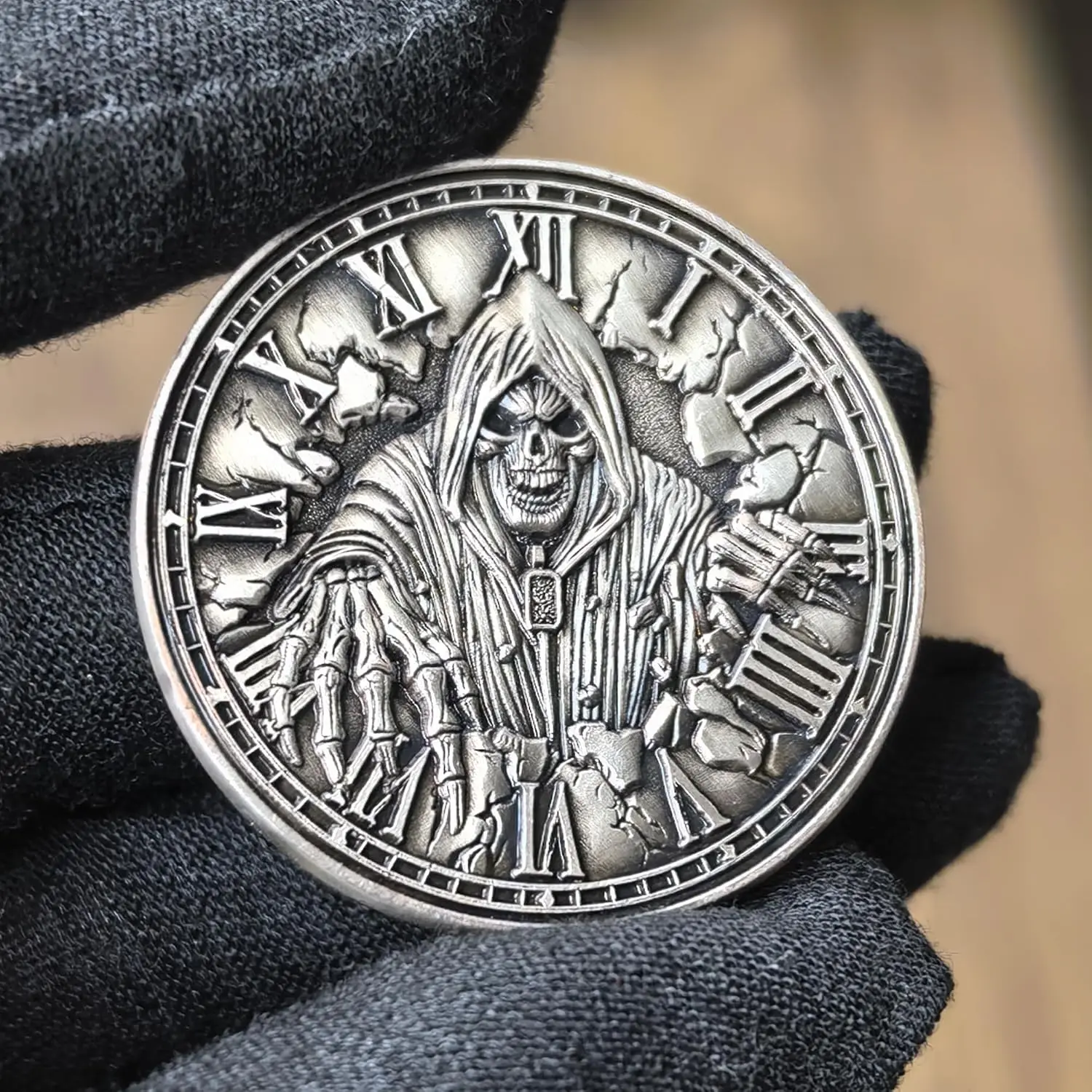 عملة تذكار موري تحدي - تصميم جمجمة وساعة رملية، كاربي ديم، أرقام رومانية، عملة تحفيزية لتذكير الحياة